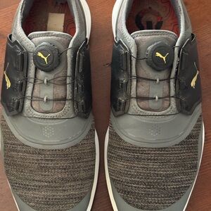 Puma Men's Gray and Black Sneakers with Yellow Accents